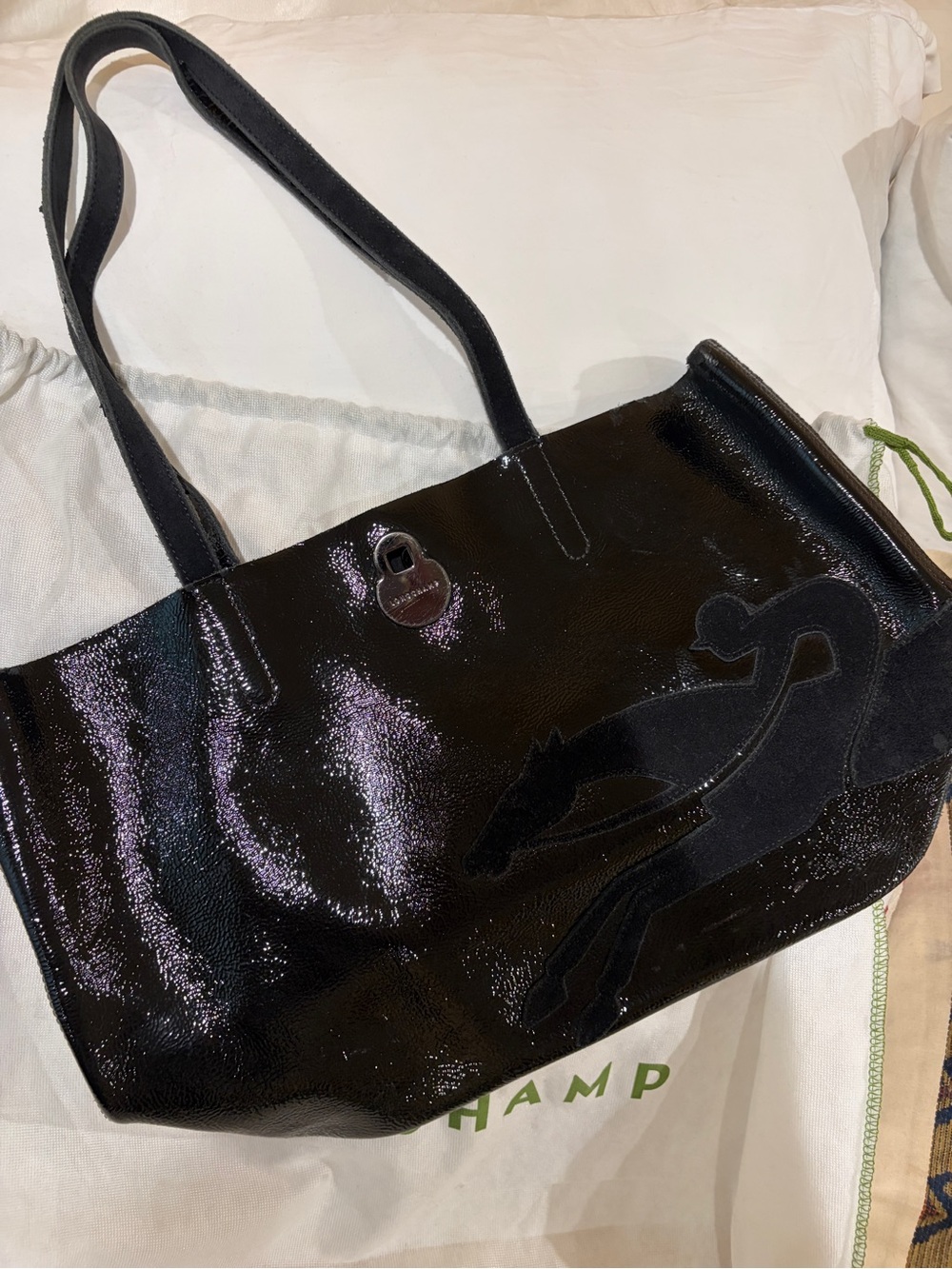 Rare Vintage Longchamp Jockey Patent & Suede Tote Bag - Extras